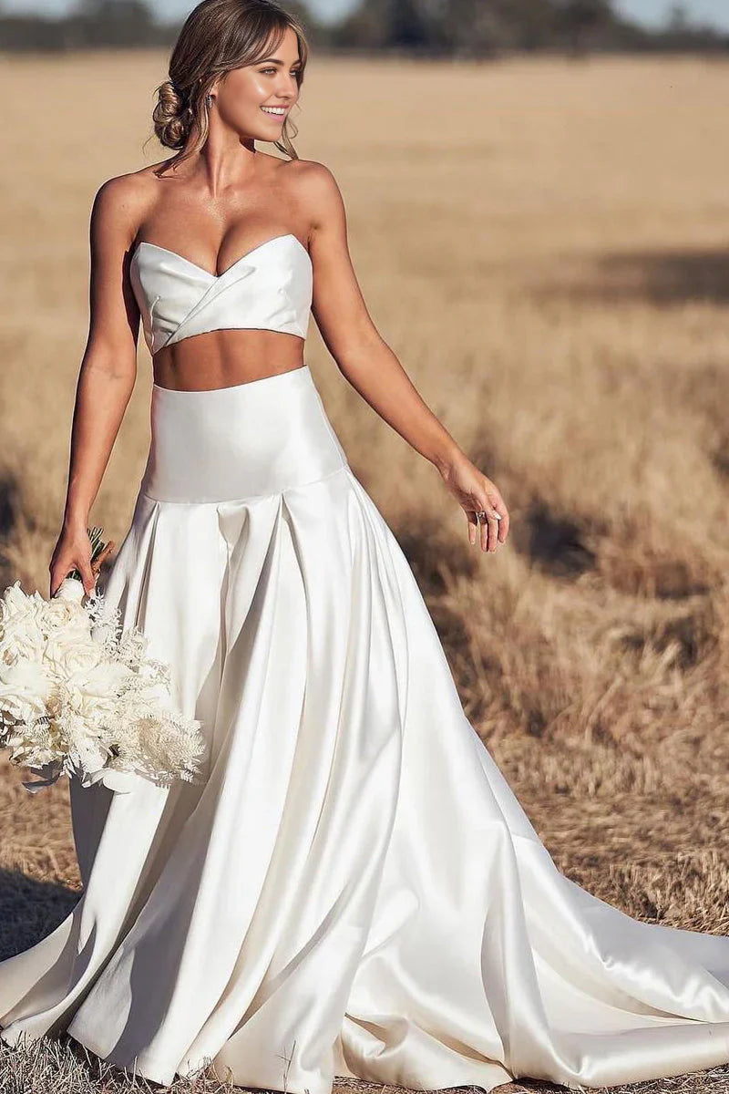 Vestidos de novia de satén de dos piezas con escote en forma de A y escote corazón